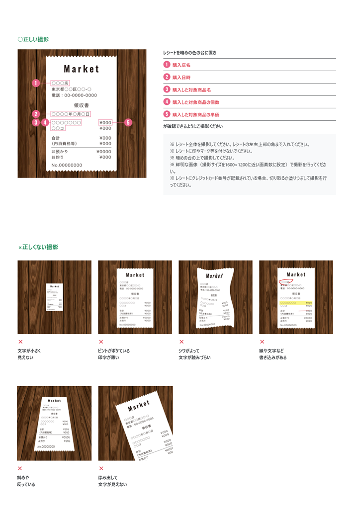 レシート撮影時の注意事項